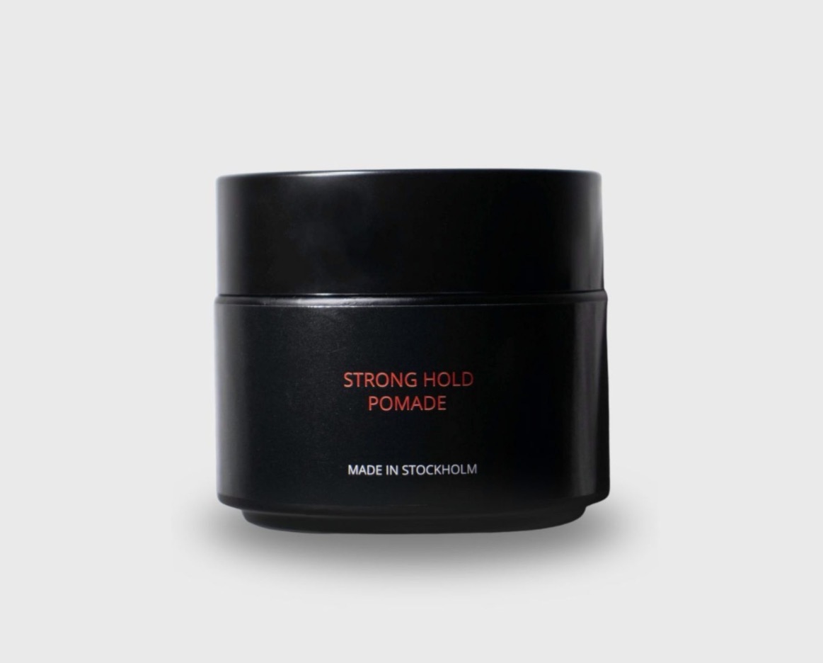 Strong Hold Pomade in a matte black jar